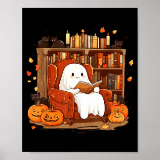Póster Libro de lectura de fantasmas con gato negro Hallo
