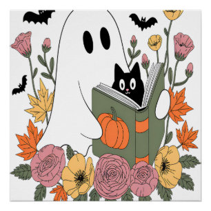 Póster Libro de lectura de fantasmas de Halloween Gato