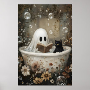 Póster Libro de lectura de fantasmas y gato negro tomando