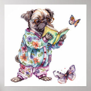 Póster Libro de lectura de pug Adorable Pequeño