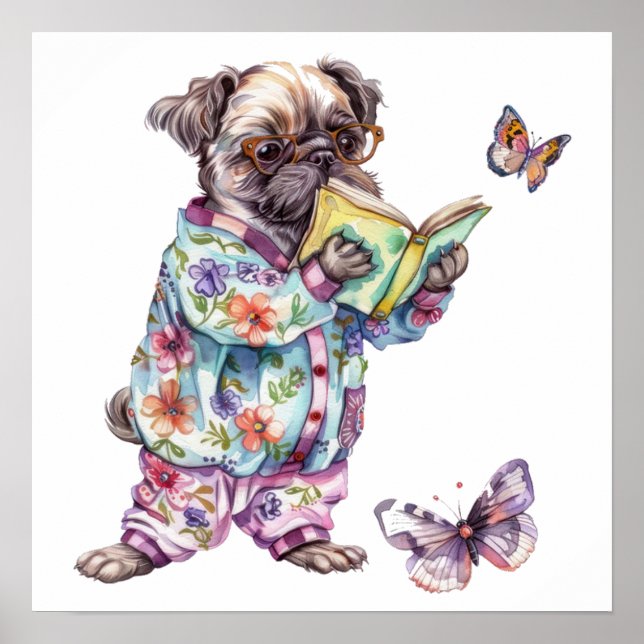 Póster Libro de lectura de pug Adorable Pequeño (Frente)