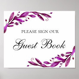 Póster Libro de visitas. Boda floral púrpura de acuarela