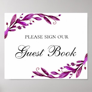 Póster Libro de visitas. Boda floral púrpura de acuarela