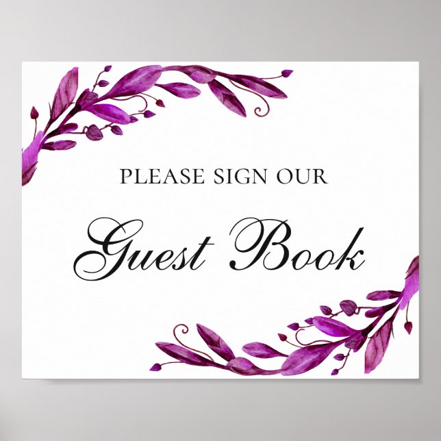 Póster Libro de visitas. Boda floral púrpura de acuarela (Frente)