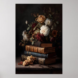 Póster Libros Antiguos & Flores Still Life de Dark Academ