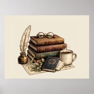 Póster Libros Antiguos & Rincón de Lectura Acogedor
