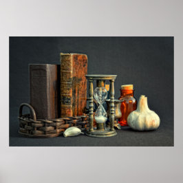 Póster Libros antiguos y reloj de arena