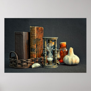 Póster Libros antiguos y reloj de arena