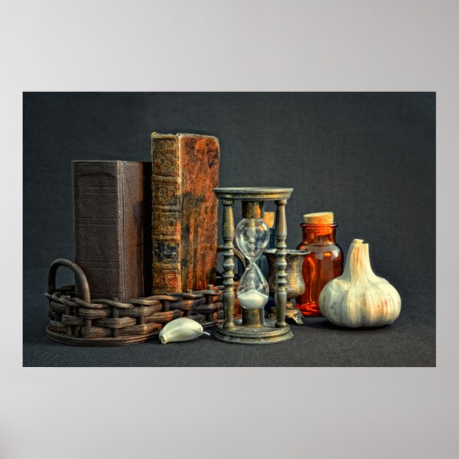 Póster Libros antiguos y reloj de arena (Frente)