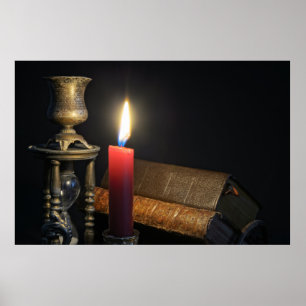 Póster Libros antiguos y reloj de arena sobre fondo oscur