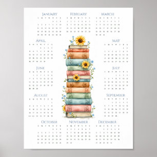 Póster Libros apilados calendario de una página 2026 Azul