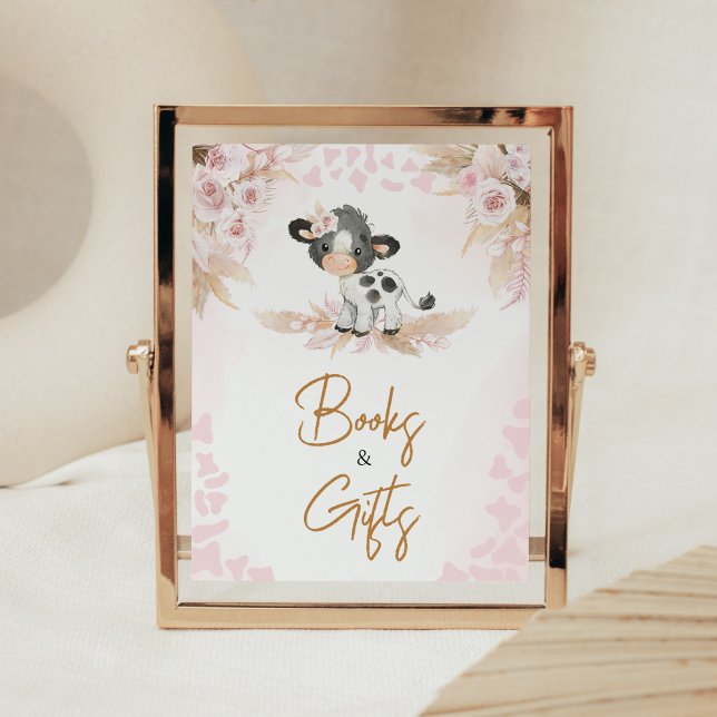 Póster Libros Baby Shower de vaca sagrada rosa (Highland Cow Baby Shower Books and Gifts Sign)