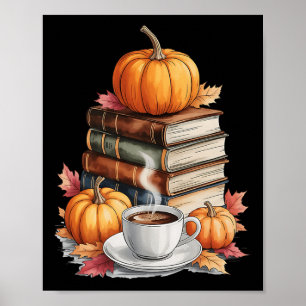 Póster Libros Café Otoño Hojas Y Calabazas Librería Vinta