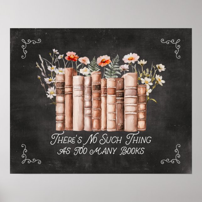 Póster Libros con flores y citas en pizarra negra (Frente)
