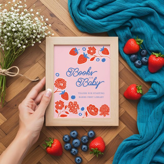 Póster Libros De Baby Shower Para Bebés Y Flores (Baby Shower Books For Baby Berries & Flowers Poster)