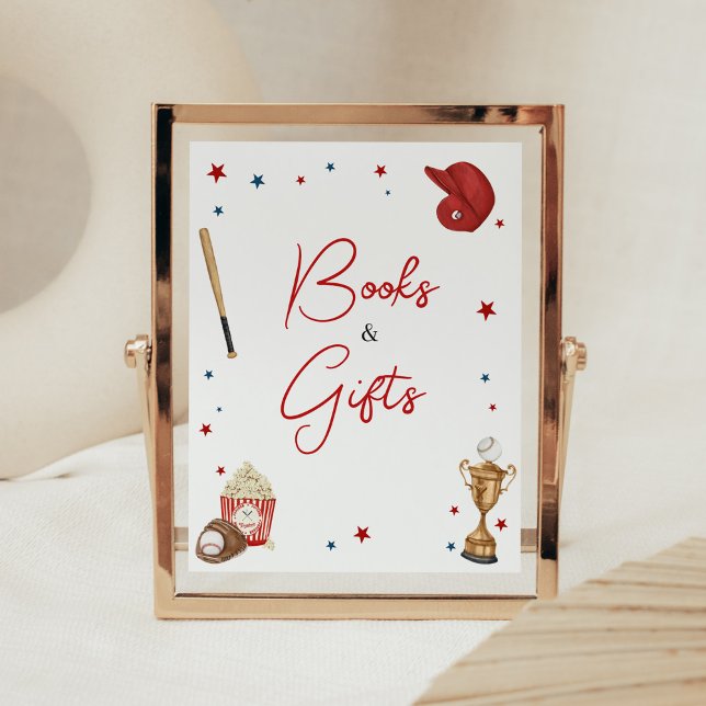 Póster Libros de Baby Shower y regalos de béisbol (Oh Boy Little Slugger Baby Shower Books Sign)