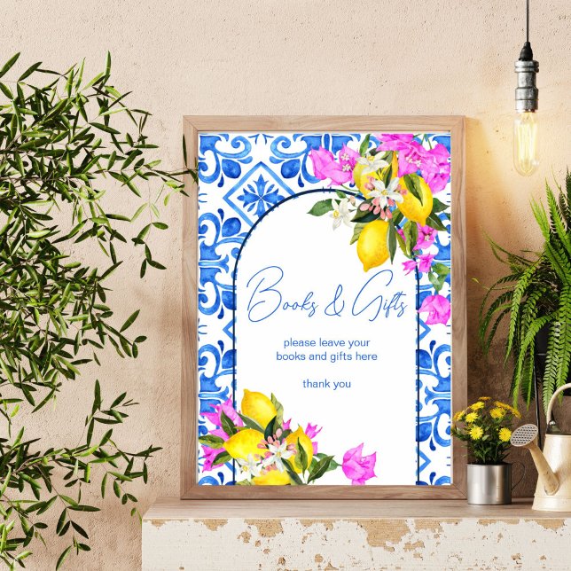 Póster Libros de Baby Shower y signo de regalo Blue Tiles (Baby Shower books and gifts table sign Blue Tiles Lemons bougainvillea Mediterranean  decor)