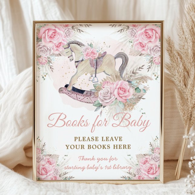Póster Libros de caballo mecedora floral rosa de la pampa (rocking horse boho pink roses pampas grass bring books for baby baby shower poster sign printed file)