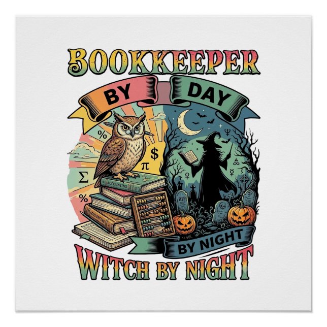 Póster Libros de contable Día Bruja Noche Halloween Búho  (Anverso)