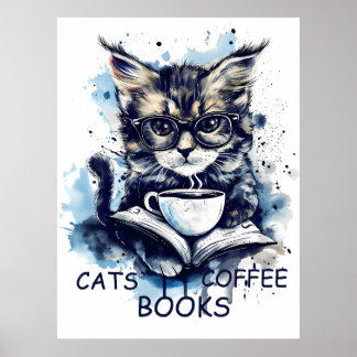 Póster Libros De Gatos Café Watercolor Boho Resumen