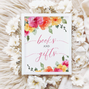 Póster Libros de naranja rosa con flores y regalos para b