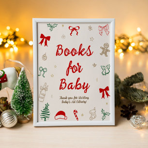 Póster Libros de regalo de Navidad para bebé con lazo roj