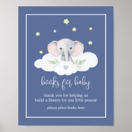 Póster Libros de Rótulo de Baby Shower para elefantes azu