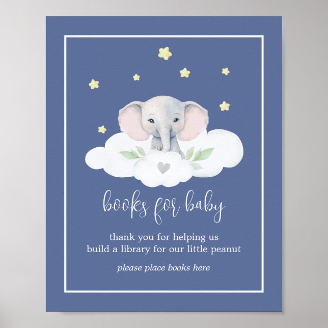 Póster Libros de Rótulo de Baby Shower para elefantes azu (Frente)