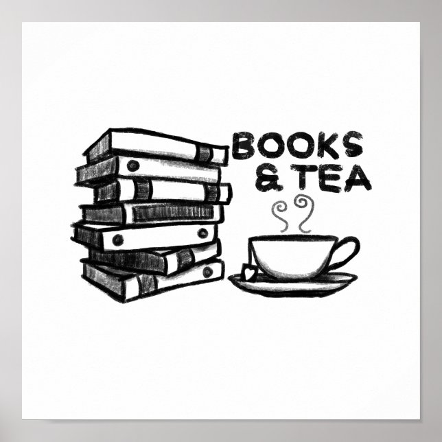Póster Libros dibujados a mano y té (Frente)