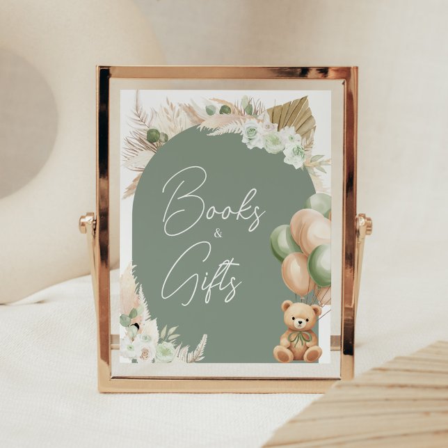 Póster Libros en globo de oso verde y regalos (Sage Green Balloons Baby Shower Books and Gifts Sign)