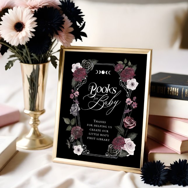 Póster Libros florales de acuarela negra gótica para bebé (Gothic Black Watercolor Floral Books for Baby Sign)