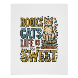 Póster Libros Gatos La Vida Es Dulce Diseño De Lector De 
