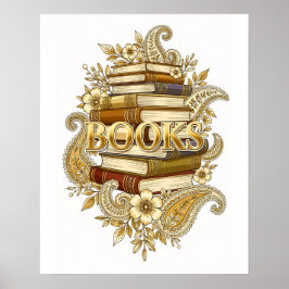 Póster Libros lectores escritores bibliófilos tono dorado