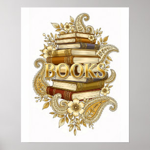 Póster Libros lectores escritores bibliófilos tono dorado