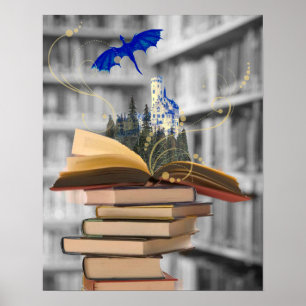 Póster Libros mágicos con dragón y poster de castillo