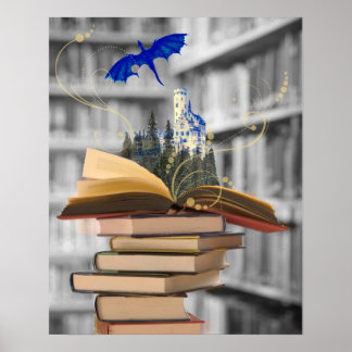 Póster Libros mágicos con dragón y poster de castillo