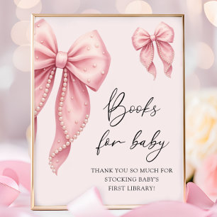 Póster Libros para baby shower de niña con lazo rosa