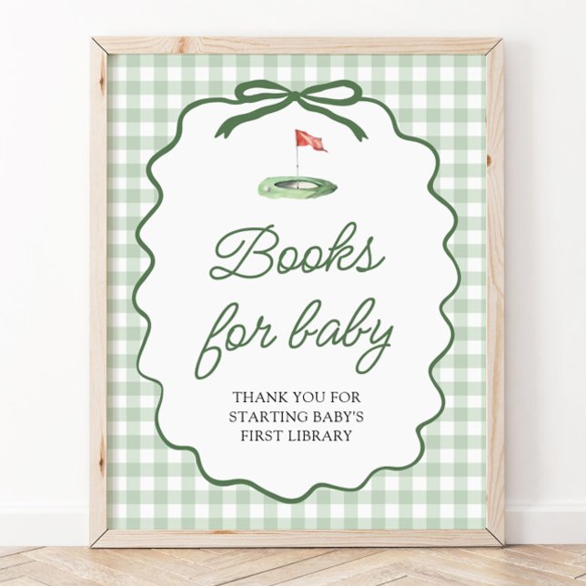 Póster Libros para bebé en Verde Salvia con Lazo de Golf  (Sage Green Golf Bow Baby Shower Diaper Raffle Game Sign)