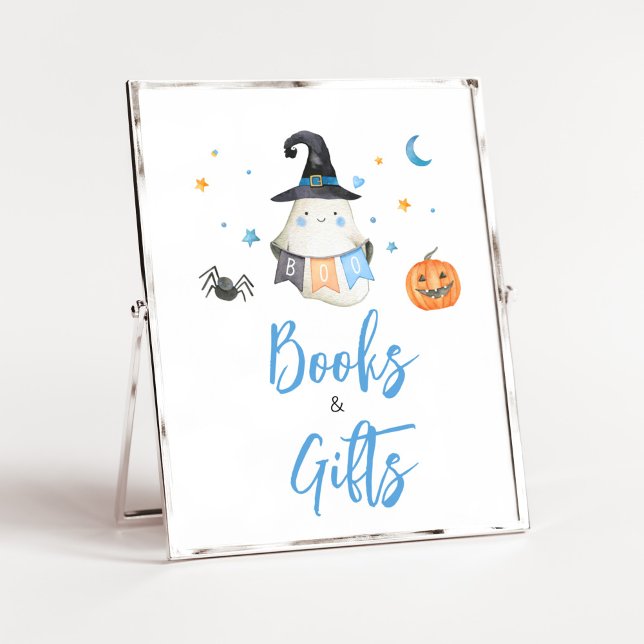 Póster Libros pequeños y regalos de Blue Halloween (Little Boo Baby Shower Books and Gifts Sign)