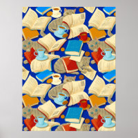 Libros y gatos en azul