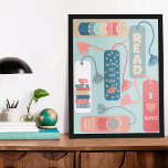 Póster Libros y lectura de marcadores temáticos ilustrado<br><div class="desc">Este poster ofrece un toque divertido a la biblioteca o a la decoración de rincones de libros con ilustraciones de marcadores en tonos corales,  azul verde azulado,  verde salado y bronceado con un fondo verde claro de menta.</div>