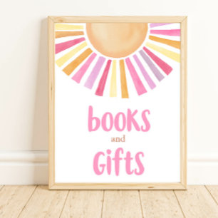 Póster Libros y regalos boho brillo sol naranja amarillo
