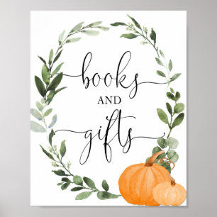 Póster Libros y regalos caen calabazas bebé señas de duch