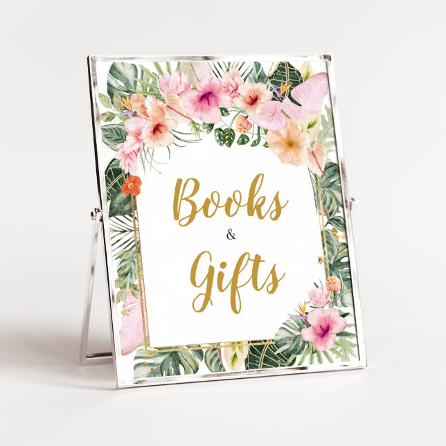 Póster Libros y regalos de Aloha Floral Tropical (Girl Hawaiian Baby Shower Books and Gifts Sign)