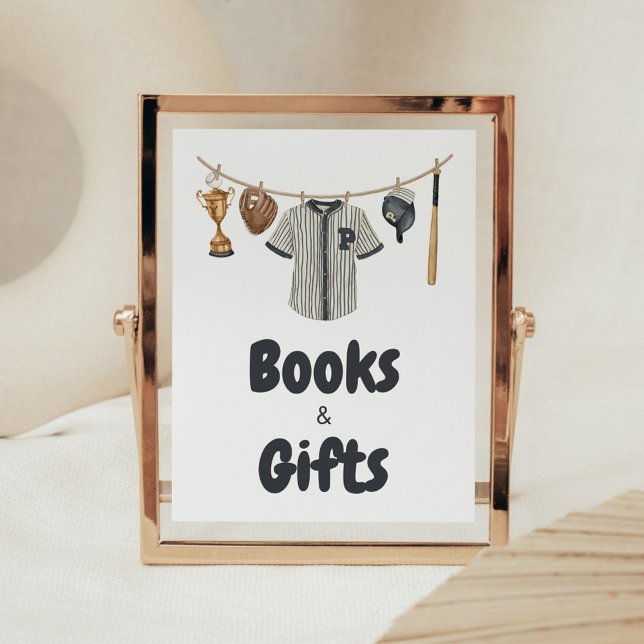 Póster Libros y regalos de Baby Shower de beisbol (Baseball Little Slugger Clothesline Baby Shower Books and Gifts Sign)