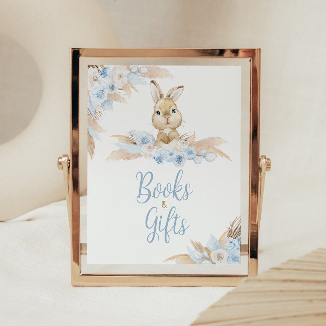 Póster Libros y regalos de Baby Shower de Blue Boho Bunny (Pampas Grass Boy Bunny Baby Shower Books and Gifts Sign)