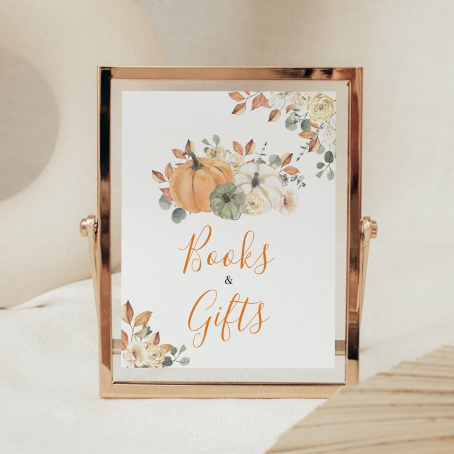 Póster Libros y regalos de Baby Shower de calabaza floral (Autumn Pumpkin Baby Shower Books and Gifts Sign)