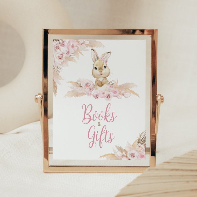 Póster Libros y regalos de Baby Shower de conejo rosado (Pampas Grass Girl Bunny Baby Shower Books and GIfts Sign)