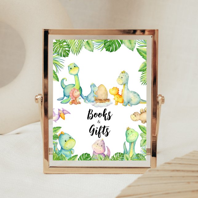 Póster Libros y regalos de Baby Shower de dinosaurios (Greenery Dinosaur Baby Shower Books and Gifts Sign)