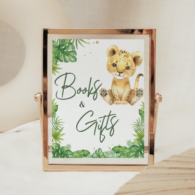 Póster Libros y regalos de Baby Shower de leones (Roaring with Excitement Lion Baby Shower Books and Gifts Sign)